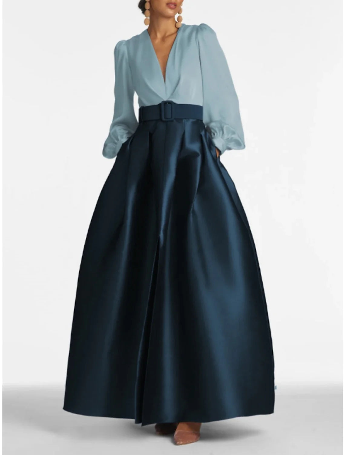 A-Line Formal Satin Pocket Long Sleeve Blue Black Evening Gown High Split Wedding Guest Dress Fall Wedding Floor Length Color Contrast V Neck Belt / Sash Navy with Pleats