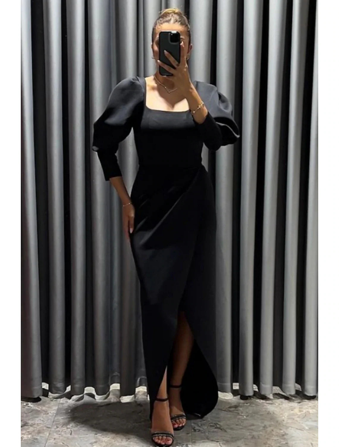 Black Dress Sheath / Column Evening Gown Elegant Dress Formal Fall Asymmetrical 3/4 Length Sleeve Square Neck Stretch Fabric with Ruched