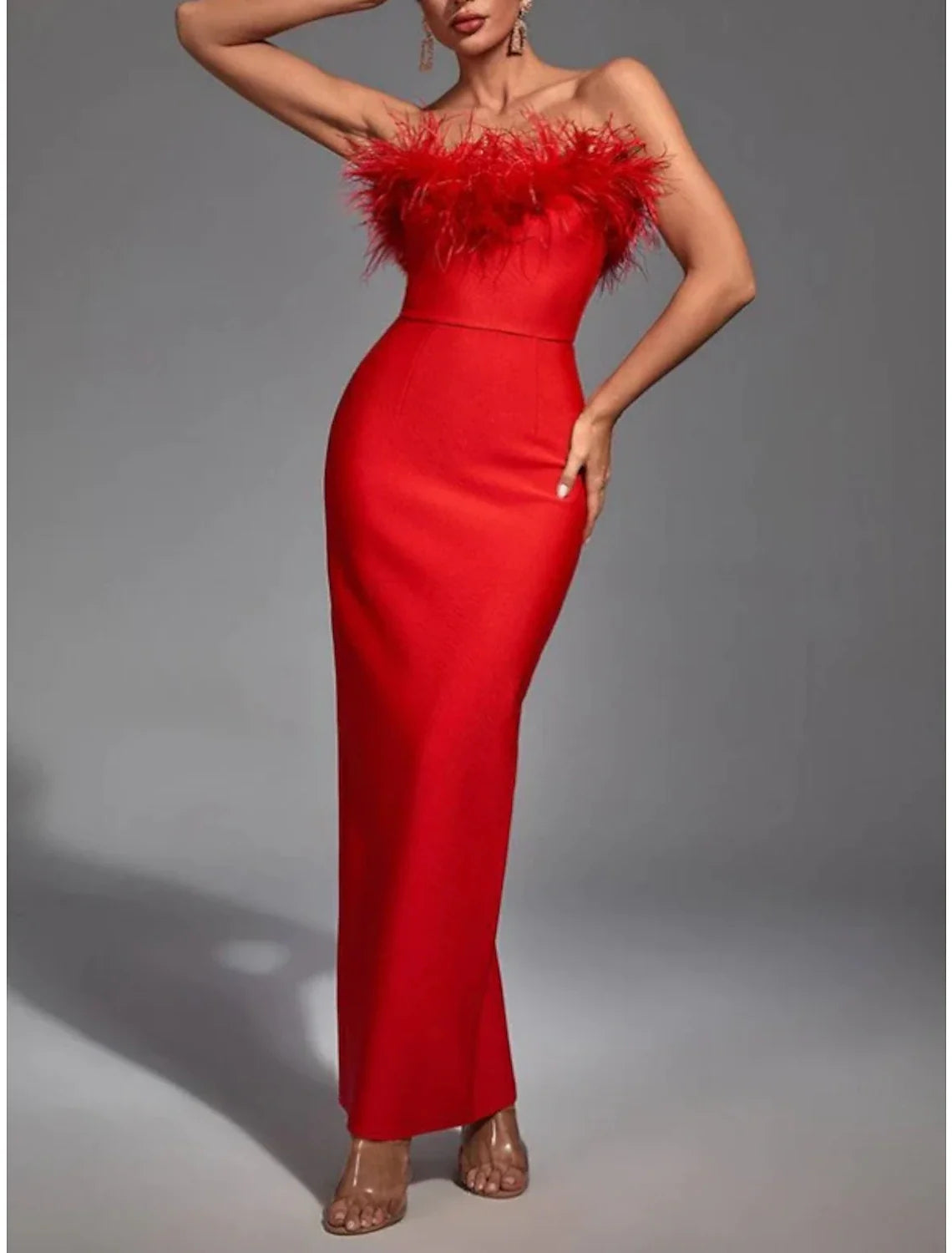 DingJiDress Black Sheath / Column Evening Gown Elegant Dress Formal Fall Ankle Length Sleeveless Strapless Stretch Fabric with Feather