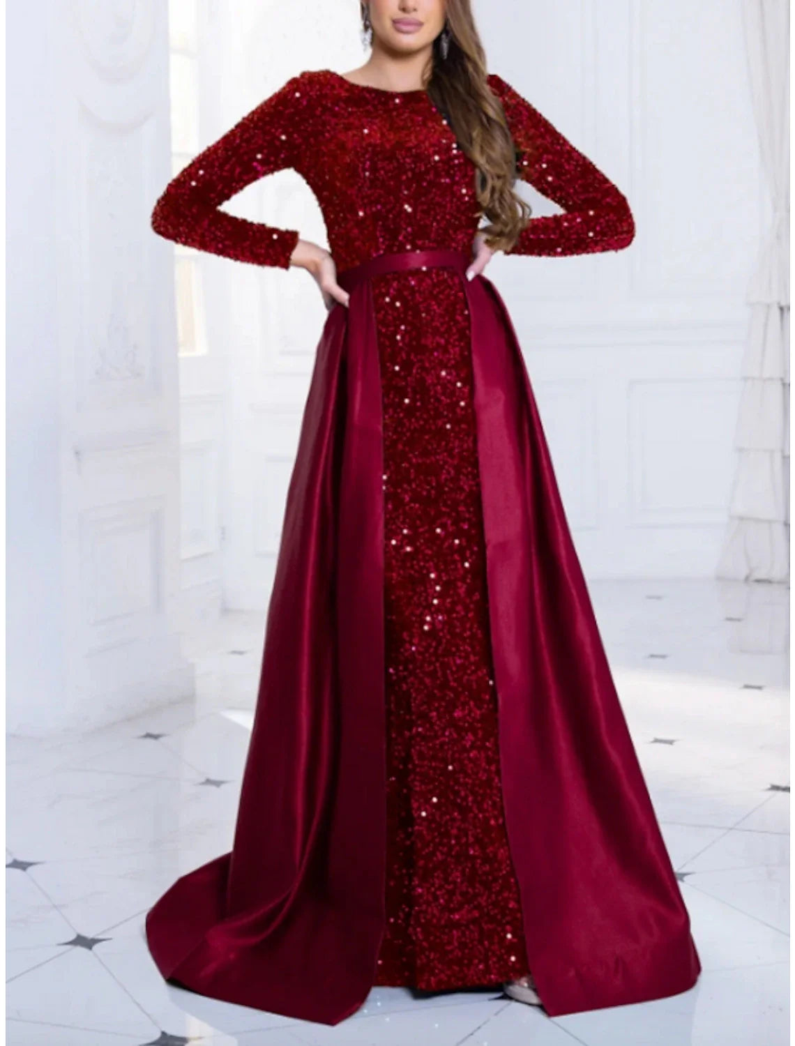 A-Line Evening Gown Sparkle & Shine Black Dress Formal Fall Sweep / Brush Train Long Sleeve Jewel Neck Sequined with Glitter Pleats