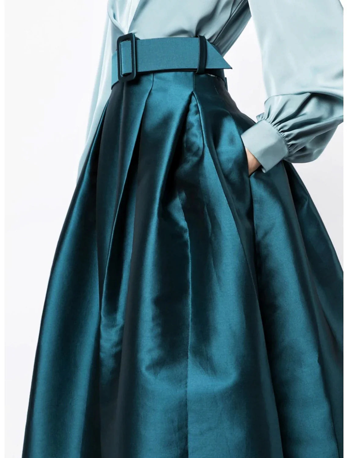 A-Line Formal Satin Pocket Long Sleeve Blue Black Evening Gown High Split Wedding Guest Dress Fall Wedding Floor Length Color Contrast V Neck Belt / Sash Navy with Pleats