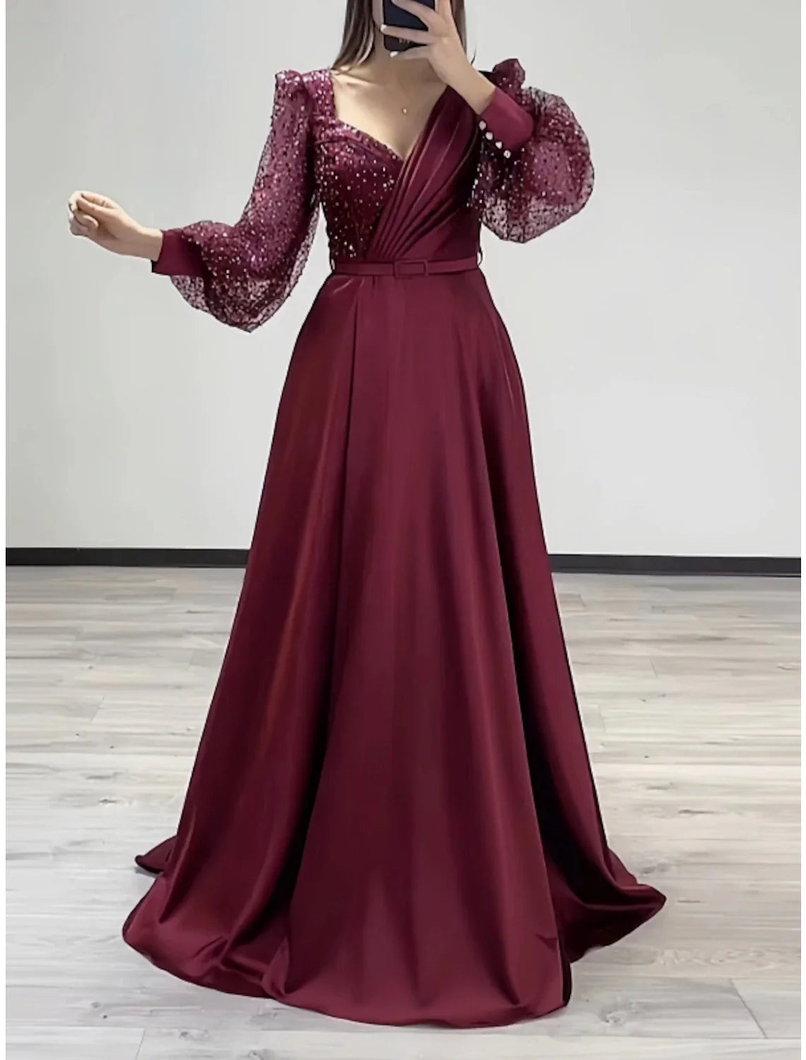 A-Line Evening Gown Sparkle & Shine Black Dress Formal Fall Sweep / Brush Train Long Sleeve V Neck Satin with Glitter Pleats Strappy