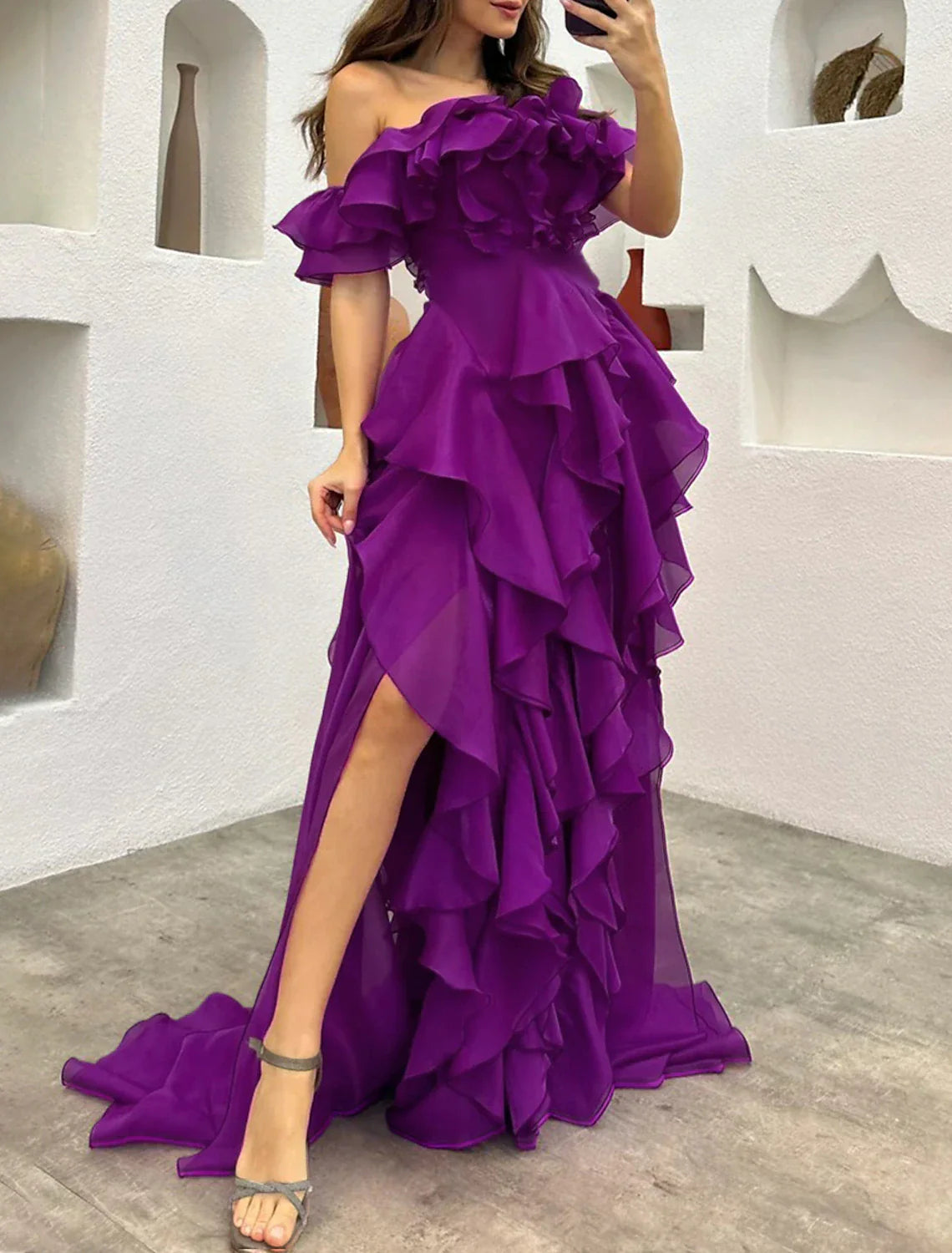 A-Line Evening Dress Black Dress Tiered Plisse Dress Formal Masquerade Sweep / Brush Train Sleeveless Off Shoulder Gothic Chiffon with Ruffles