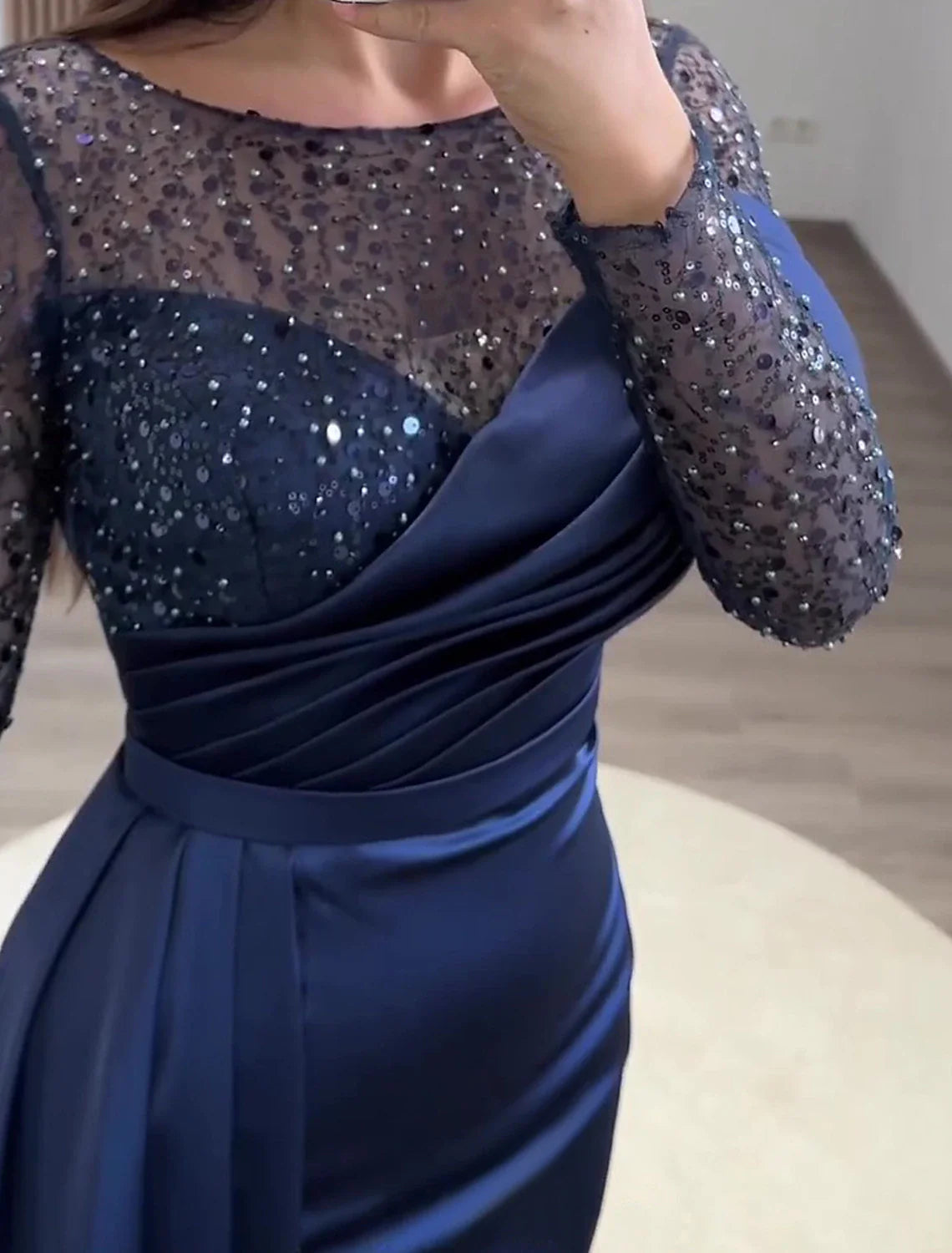 Mermaid / Trumpet Evening Gown Sparkle & Shine Dress Formal Wedding Guest Court Train Long Sleeve Jewel Neck Charmeuse with Ruched Pearls Sequin