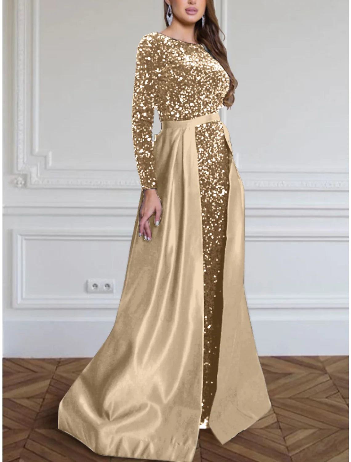 A-Line Evening Gown Sparkle & Shine Black Dress Formal Fall Sweep / Brush Train Long Sleeve Jewel Neck Sequined with Glitter Pleats