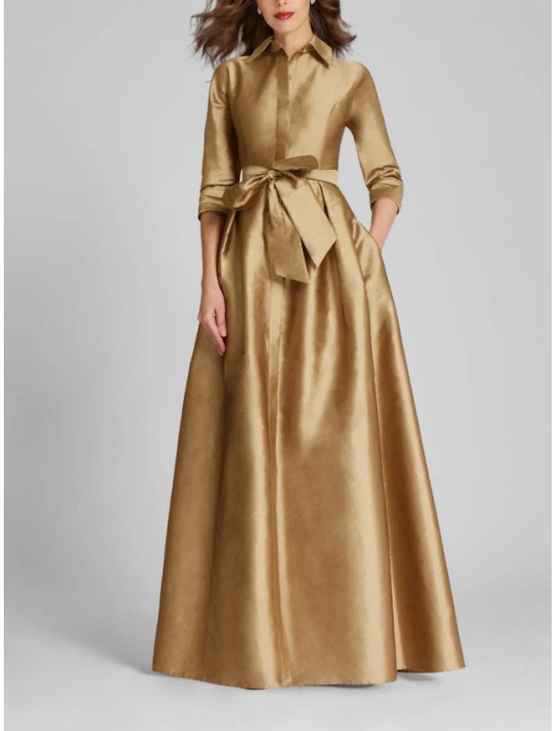 Satin A-Line Evening Gown Minimalist Black Christmas Dress Formal Fall Floor Length Half Sleeve Shirt Collar with Bow(s) Pleats