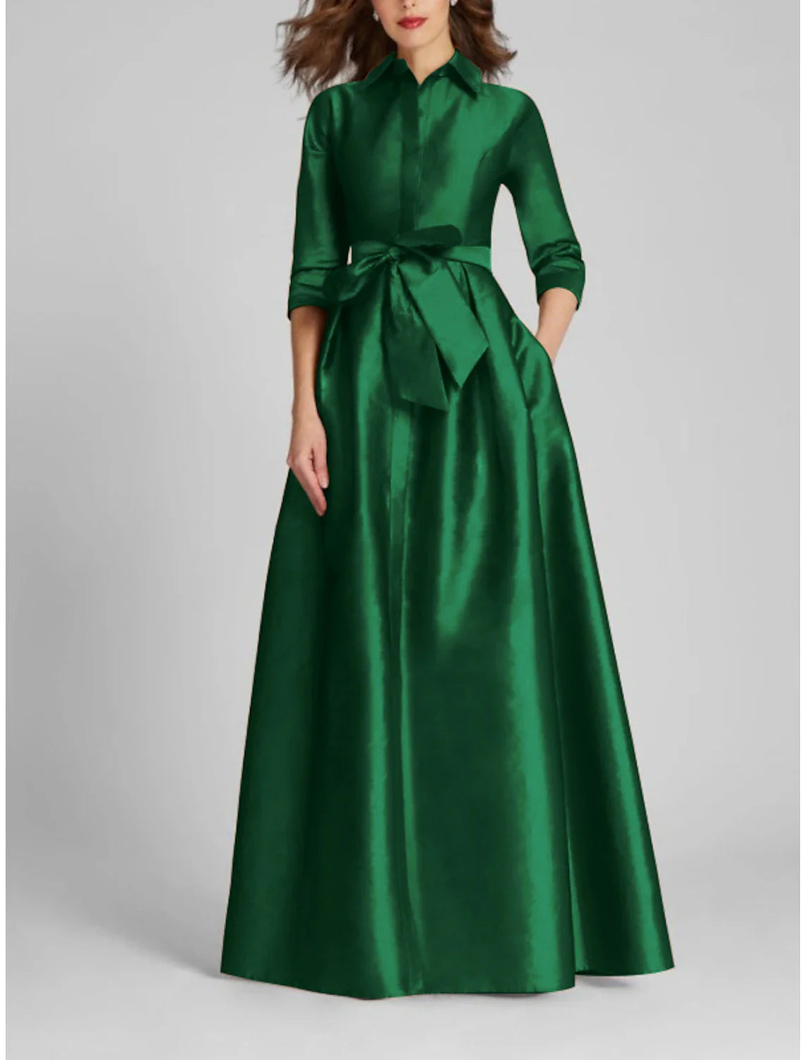 Satin A-Line Evening Gown Minimalist Black Christmas Dress Formal Fall Floor Length Half Sleeve Shirt Collar with Bow(s) Pleats