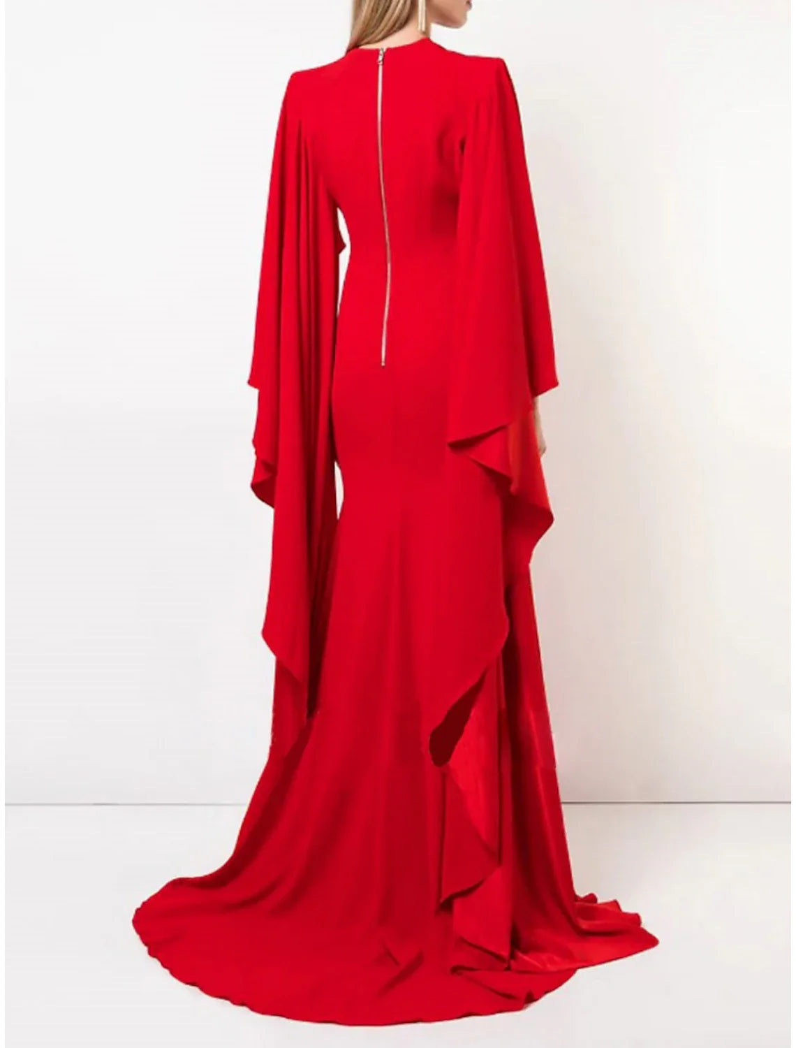 A-Line Evening Gown Elegant Dress Formal Sweep / Brush Train Long Sleeve Jewel Neck Stretch Chiffon with Pleats Ruffles