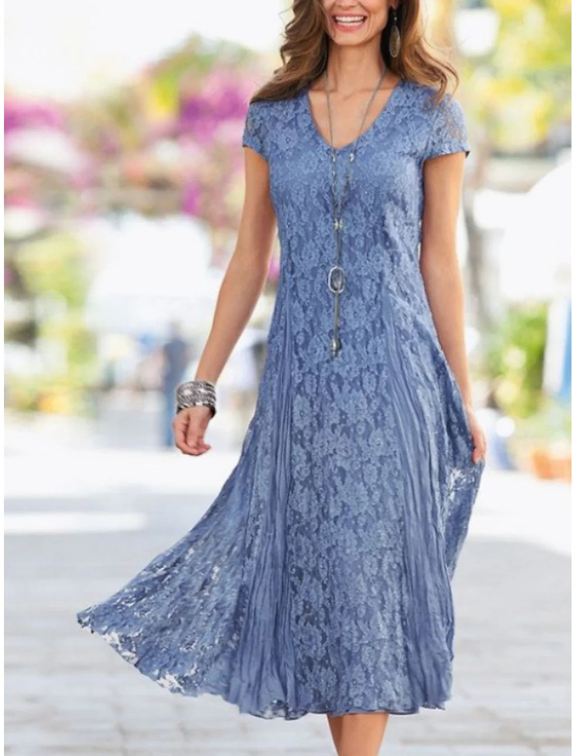 Sheath / Column Mother of the Bride Dress Wedding Guest Party Elegant Petite V Neck Tea Length Lace Short Sleeve with Pleats