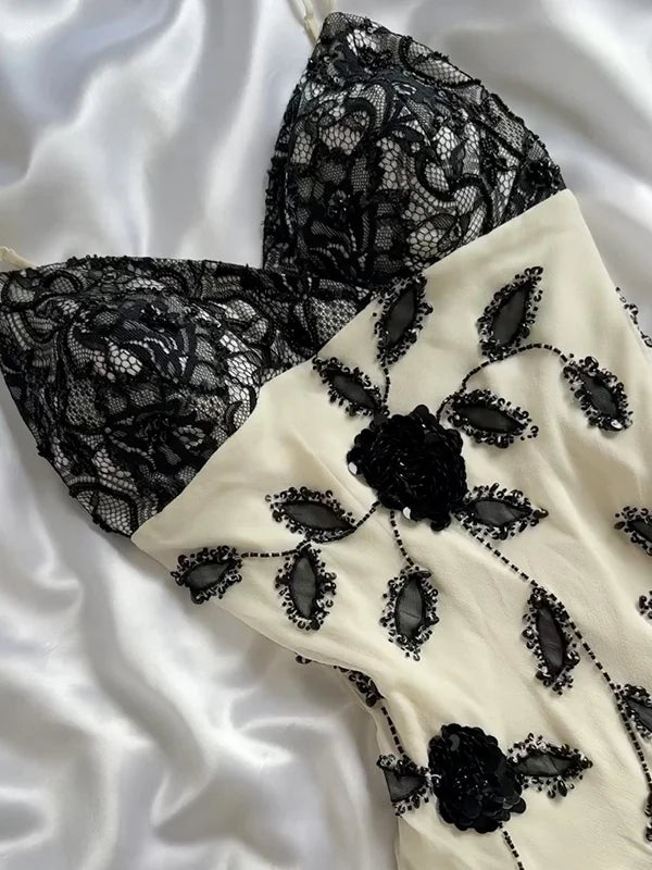 Elegant A Line Spaghetti Strap Black Lace Beaded Ivory Chiffon Party Dress