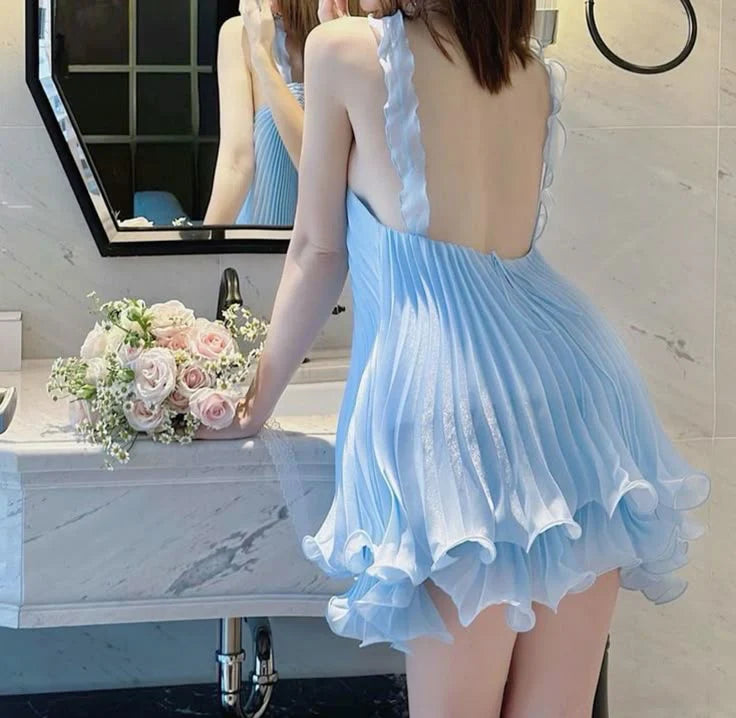 Cute A Line Halter Baby Blue Pleated Chiffon Short Homecoming Dress