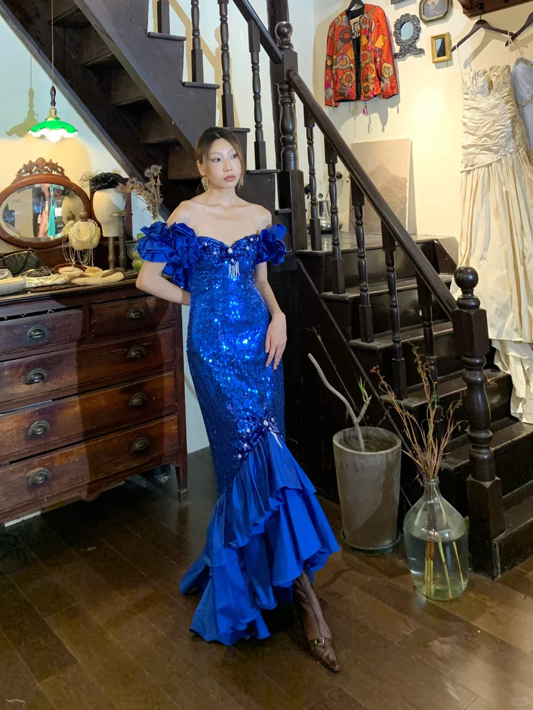 Gorgeous Mermaid Off the Shoulder Blue Sequin Satin Long Prom Dress