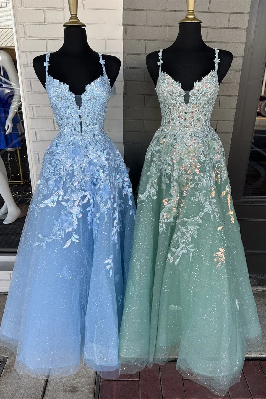 A-Line Appliques Plunge V Long Prom Dress with Detachable Sleeves