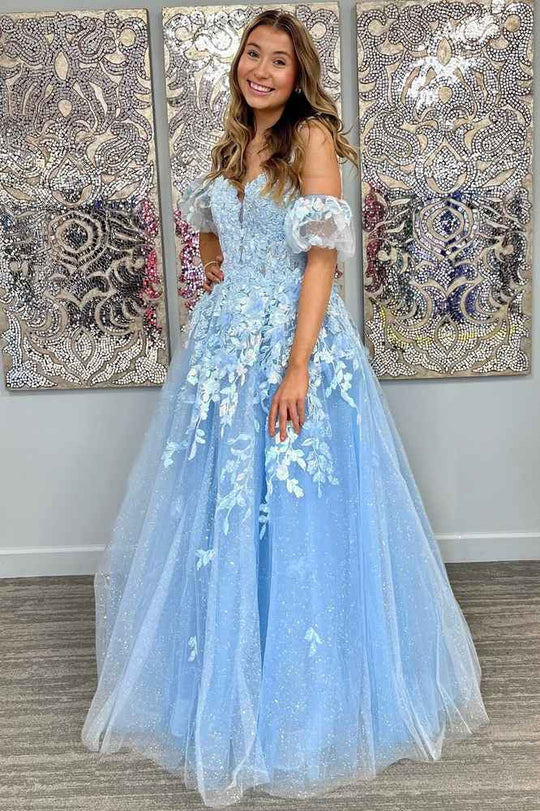A-Line Appliques Plunge V Long Prom Dress with Detachable Sleeves