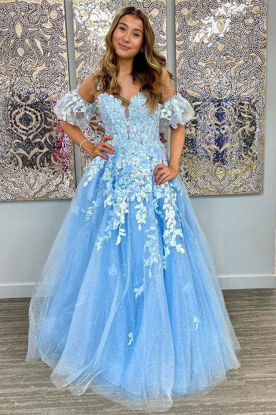 A-Line Appliques Plunge V Long Prom Dress with Detachable Sleeves