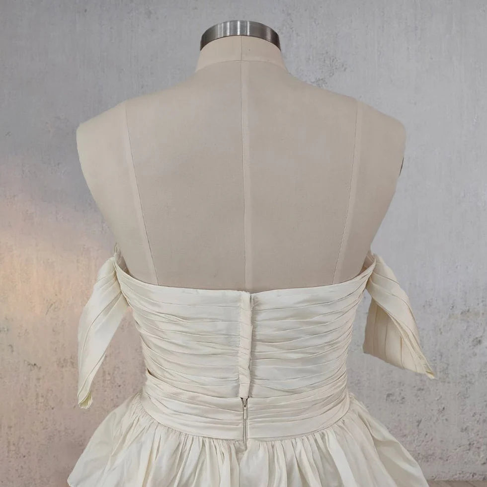 A-Line Beige Satin Multi-Tiered Ruffles Pleated Off the Shoulder Floor Length Wedding Dresses No Veils