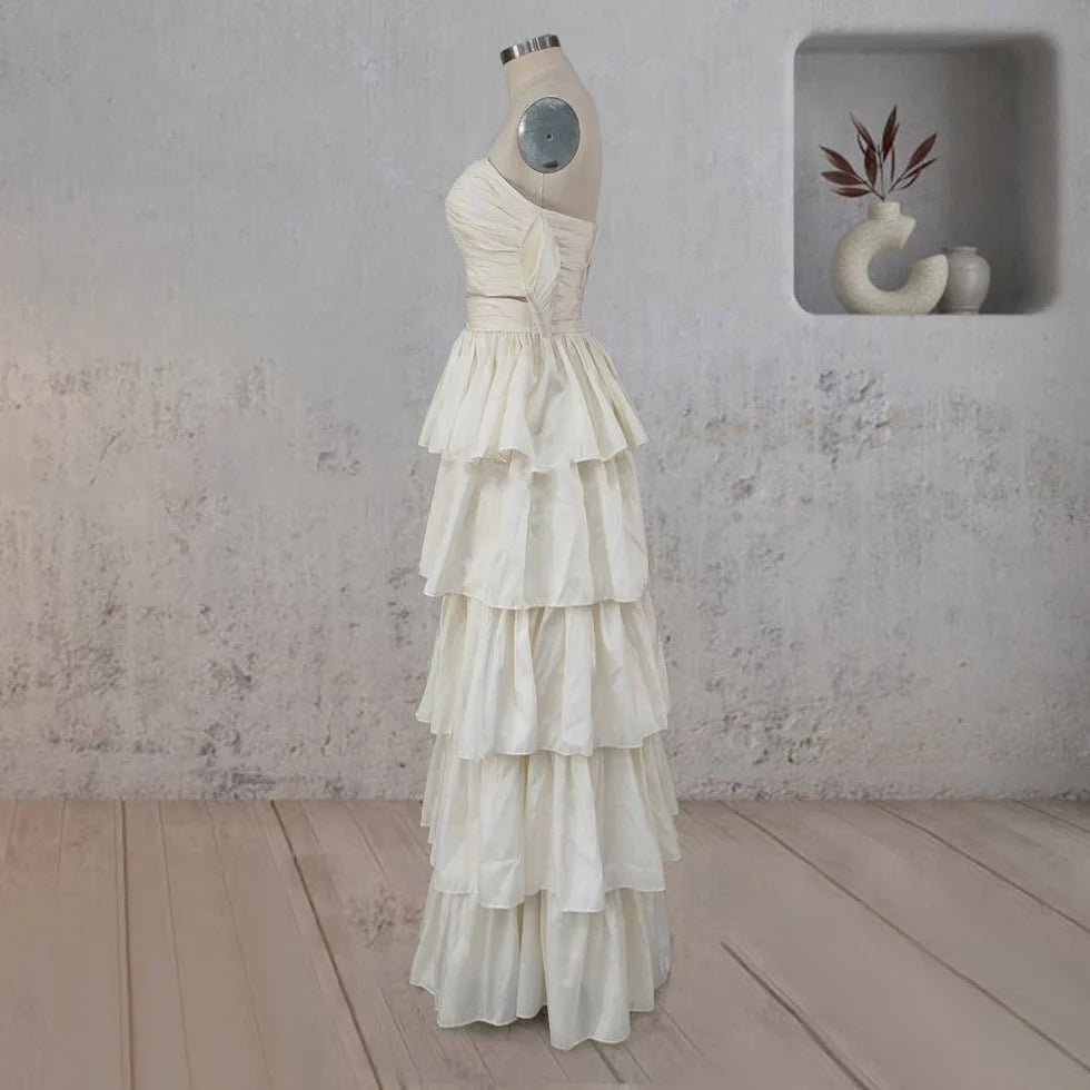 A-Line Beige Satin Multi-Tiered Ruffles Pleated Off the Shoulder Floor Length Wedding Dresses No Veils
