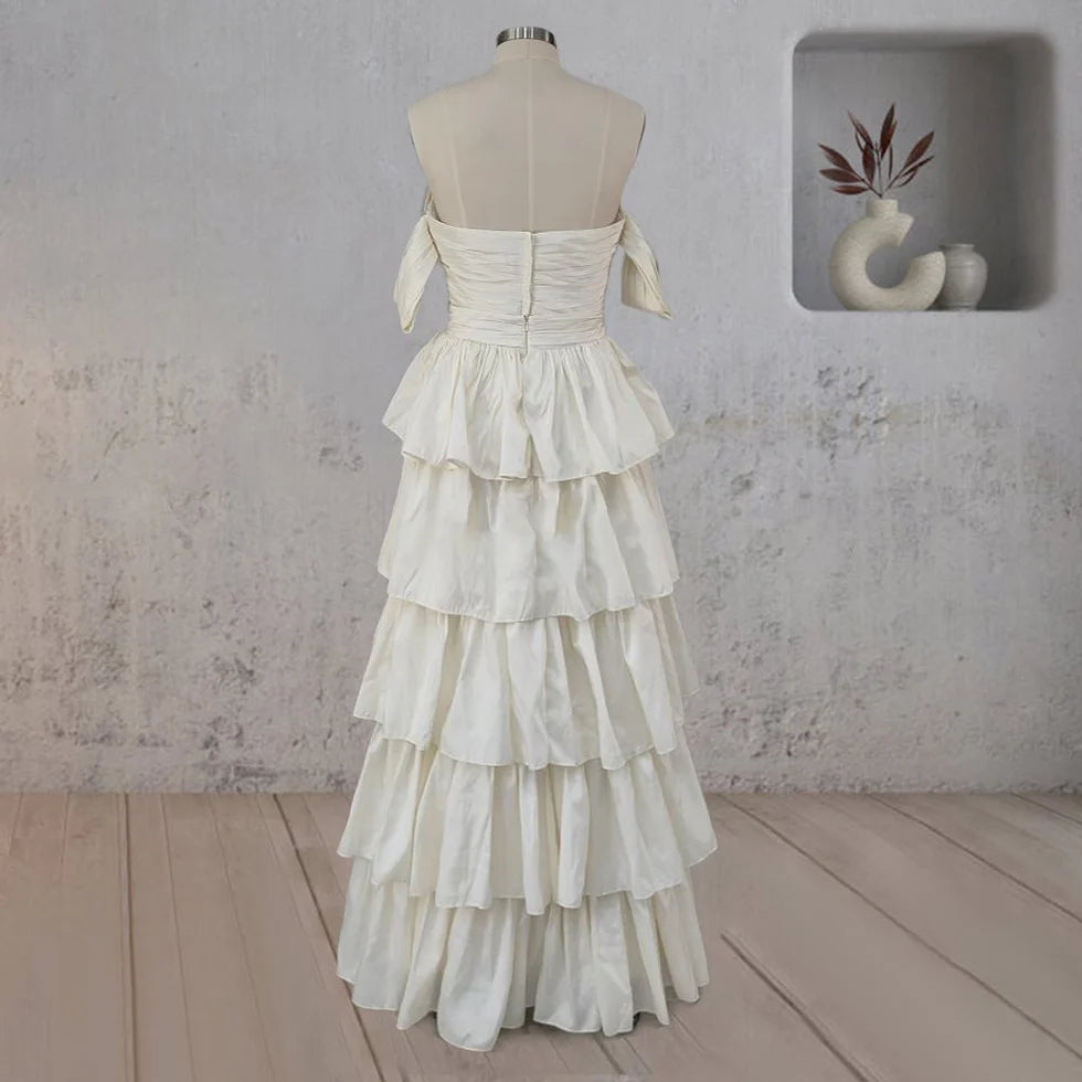 A-Line Beige Satin Multi-Tiered Ruffles Pleated Off the Shoulder Floor Length Wedding Dresses No Veils