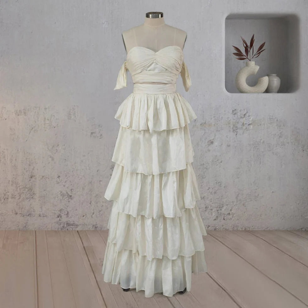 A-Line Beige Satin Multi-Tiered Ruffles Pleated Off the Shoulder Floor Length Wedding Dresses No Veils