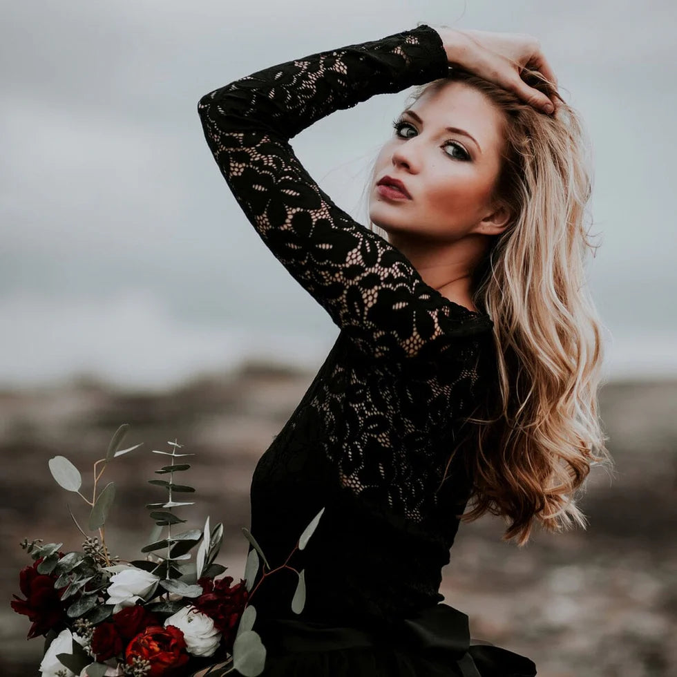 A-Line Black Floral Lace Appliqued Scoop Neck Long SleevesFloor Length Wedding Dress With Train