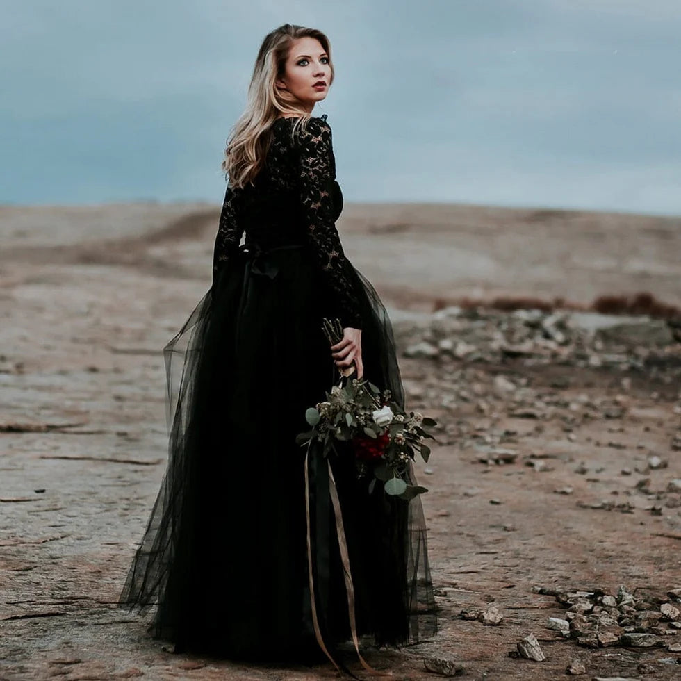 A-Line Black Floral Lace Appliqued Scoop Neck Long SleevesFloor Length Wedding Dress With Train