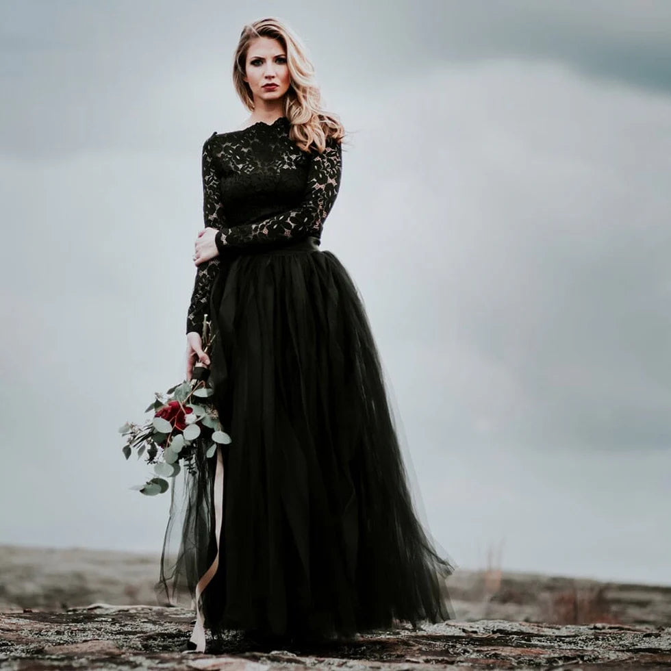 A-Line Black Floral Lace Appliqued Scoop Neck Long SleevesFloor Length Wedding Dress With Train