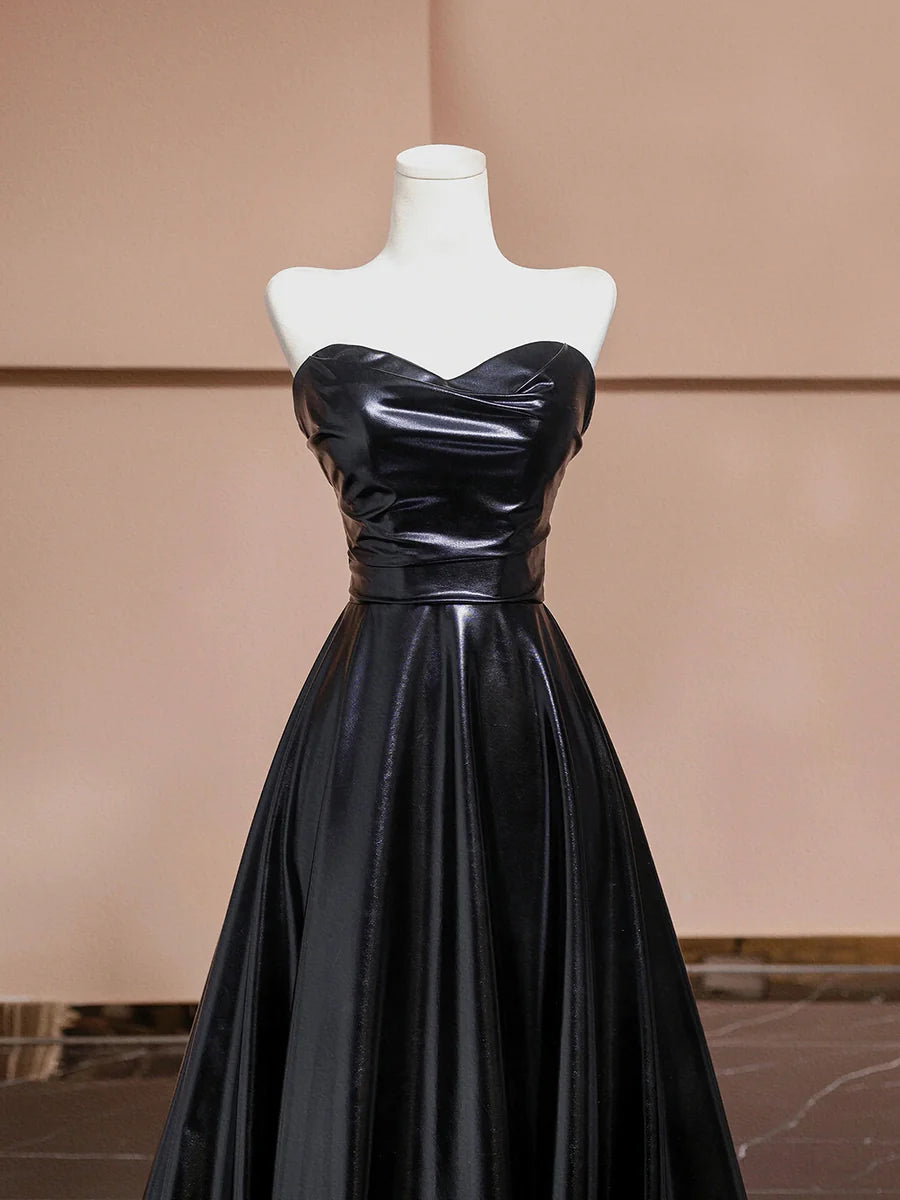 A-Line Black Leather Strapless Floor Length Prom Dress Evening Party Dress