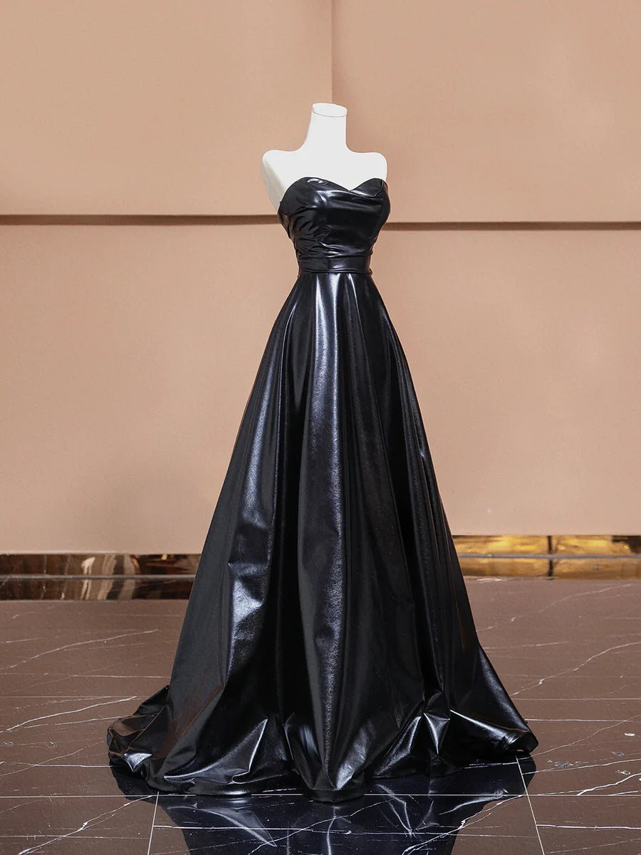 A-Line Black Leather Strapless Floor Length Prom Dress Evening Party Dress