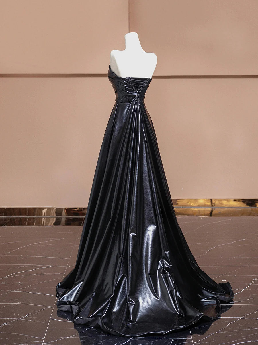 A-Line Black Leather Strapless Floor Length Prom Dress Evening Party Dress