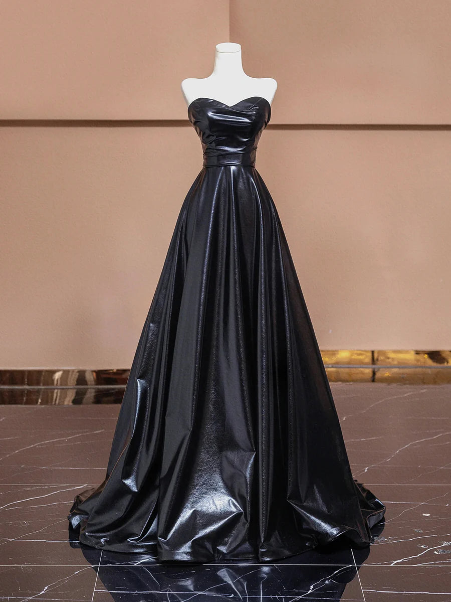 A-Line Black Leather Strapless Floor Length Prom Dress Evening Party Dress