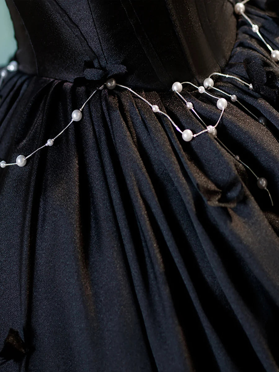 A-Line Black Off the Shoulder Floor Length Prom Dress With Pearl Ready to Ship Party Dresses