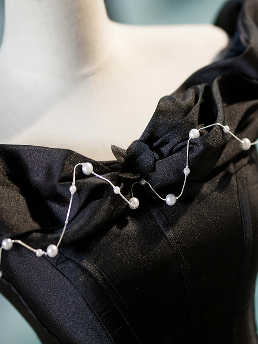 A-Line Black Off the Shoulder Floor Length Prom Dress With Pearl Ready to Ship Party Dresses