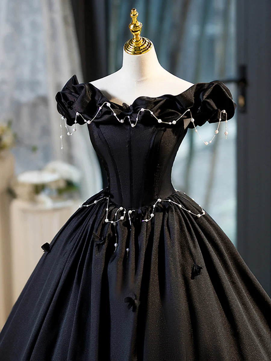 A-Line Black Off the Shoulder Floor Length Prom Dress With Pearl Ready to Ship Party Dresses