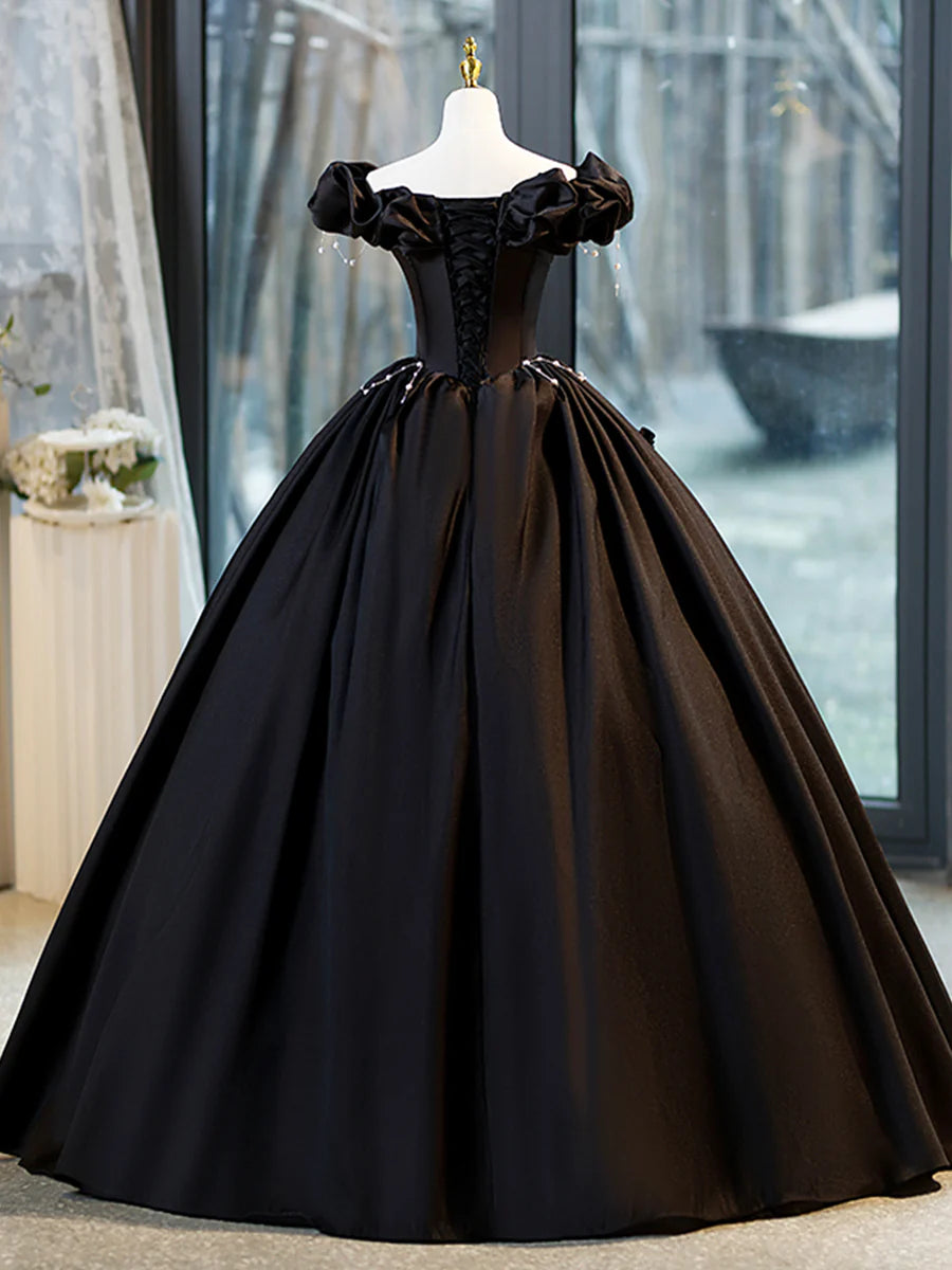 A-Line Black Off the Shoulder Floor Length Prom Dress With Pearl Ready to Ship Party Dresses