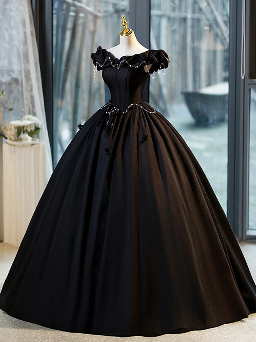 A-Line Black Off the Shoulder Floor Length Prom Dress With Pearl Ready to Ship Party Dresses