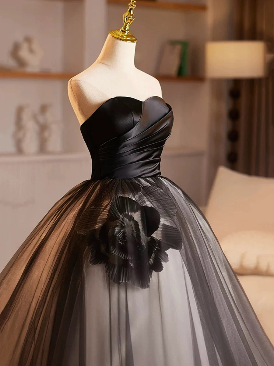 A-Line Black Strapless Satin Tulle Long Prom Dress Beautiful Sweetheart Neck Formal Evening Dress