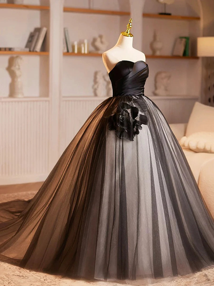 A-Line Black Strapless Satin Tulle Long Prom Dress Beautiful Sweetheart Neck Formal Evening Dress