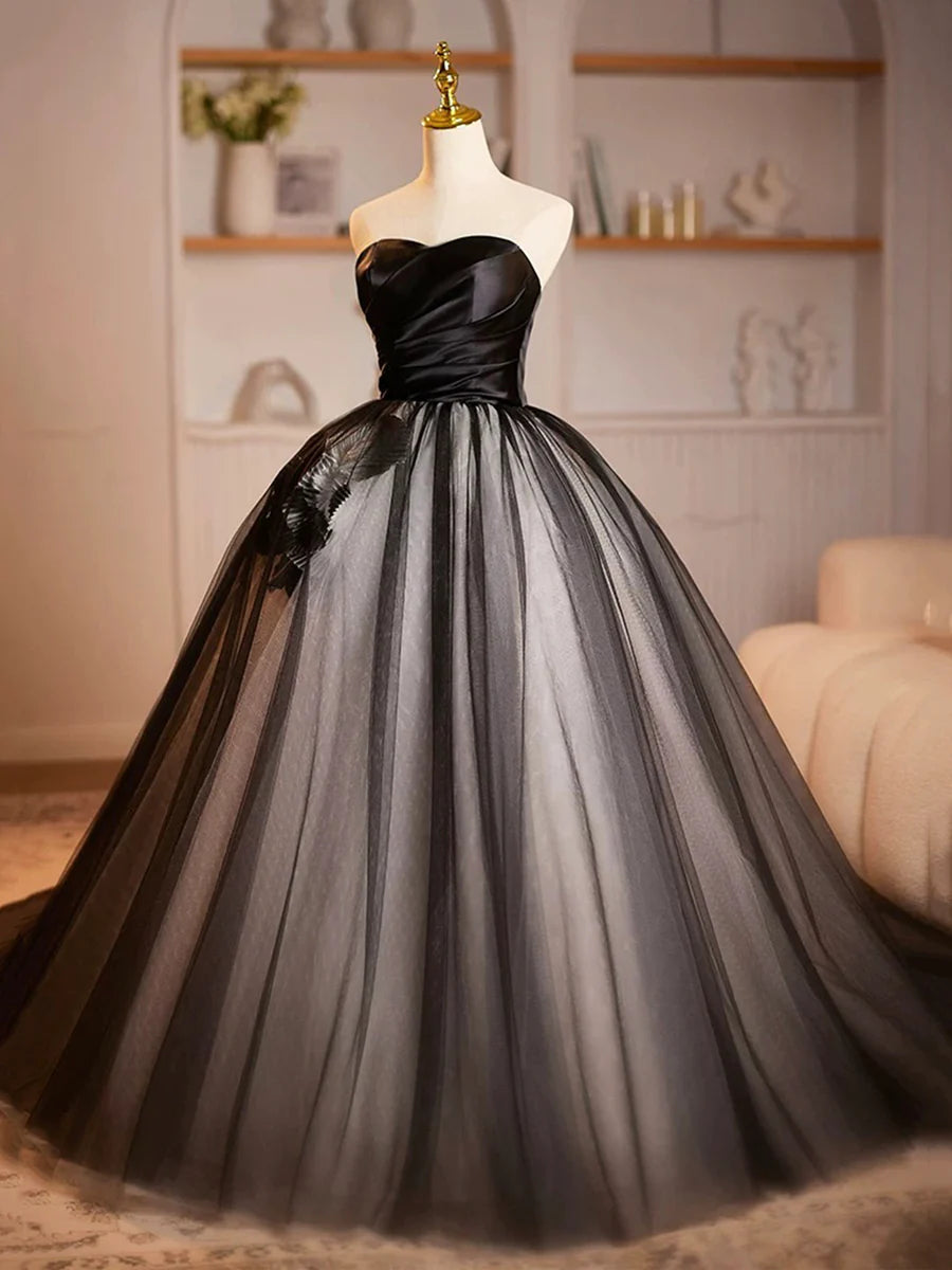 A-Line Black Strapless Satin Tulle Long Prom Dress Beautiful Sweetheart Neck Formal Evening Dress