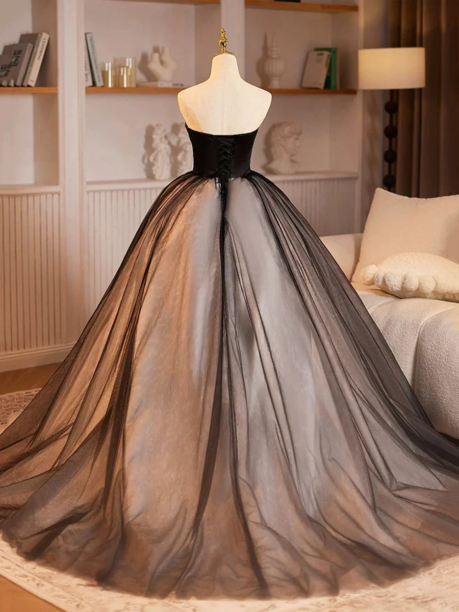 A-Line Black Strapless Satin Tulle Long Prom Dress Beautiful Sweetheart Neck Formal Evening Dress