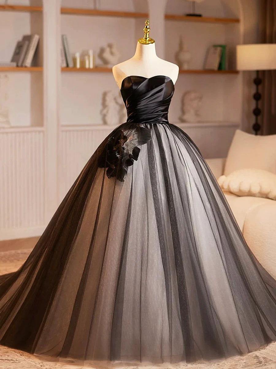 A-Line Black Strapless Satin Tulle Long Prom Dress Beautiful Sweetheart Neck Formal Evening Dress