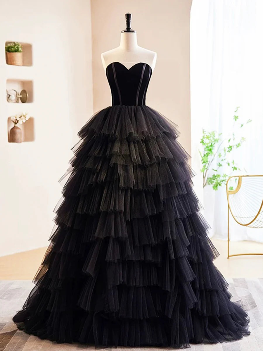 A-Line Black Velvet And Tulle Tiered Sweetheart Long Prom Dress Off the Shoulder Formal Evening Dress