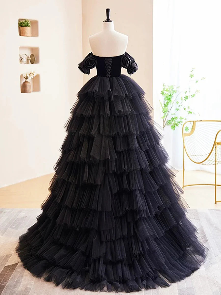 A-Line Black Velvet And Tulle Tiered Sweetheart Long Prom Dress Off the Shoulder Formal Evening Dress