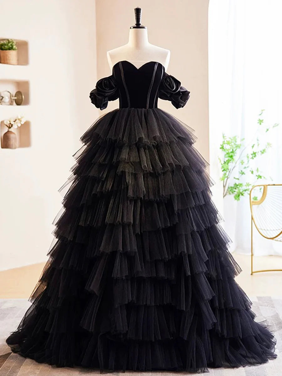 A-Line Black Velvet And Tulle Tiered Sweetheart Long Prom Dress Off the Shoulder Formal Evening Dress