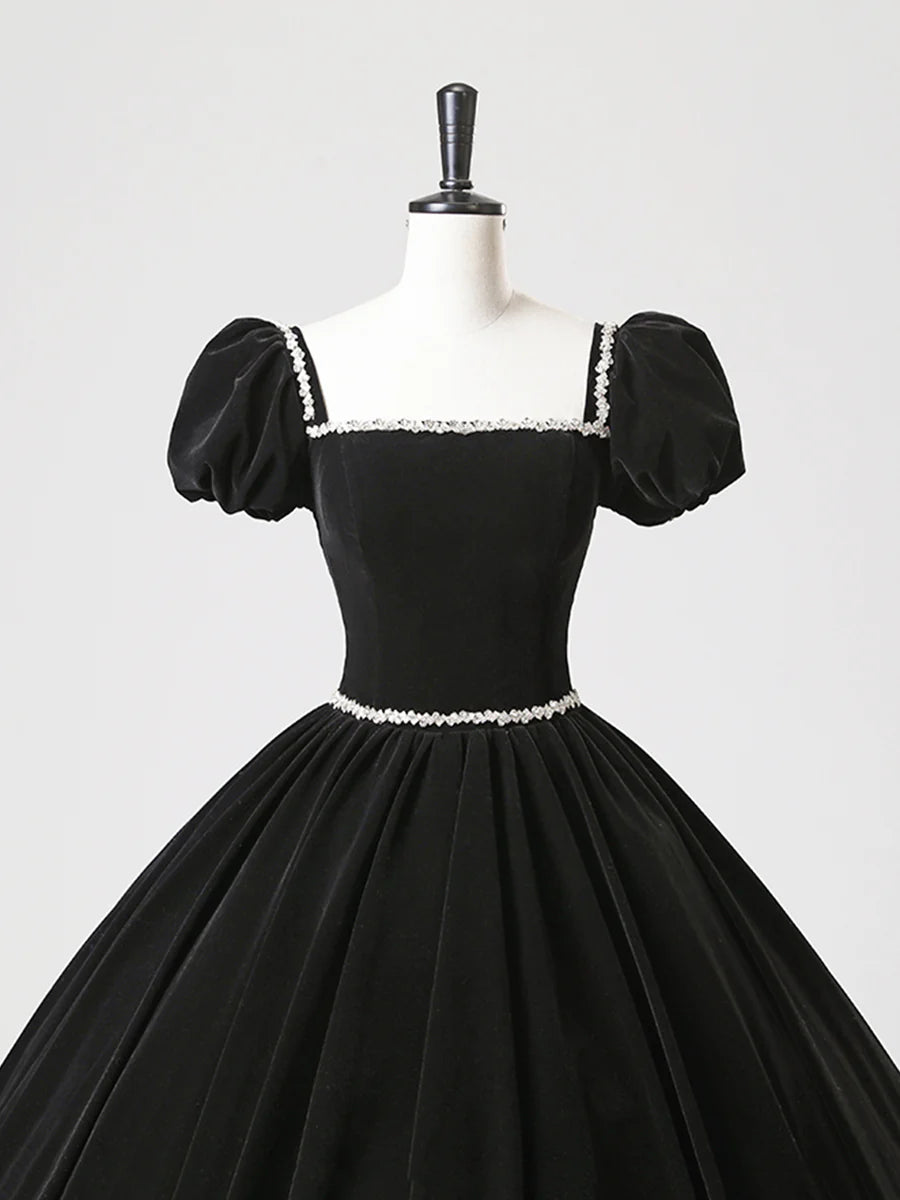 A-Line Black Velvet Beaded Long Prom Dress Elegant Square Neck Short Sleeve Formal Evening Dress