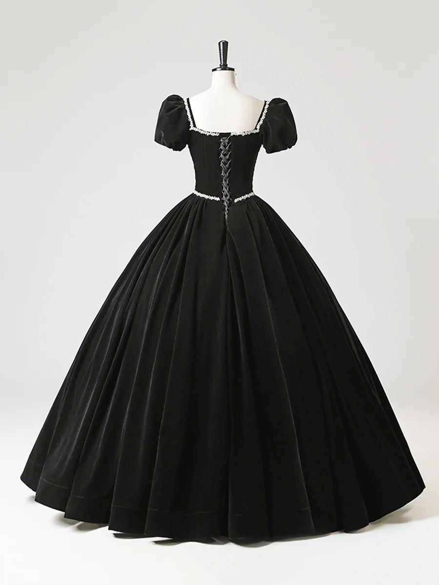 A-Line Black Velvet Beaded Long Prom Dress Elegant Square Neck Short Sleeve Formal Evening Dress