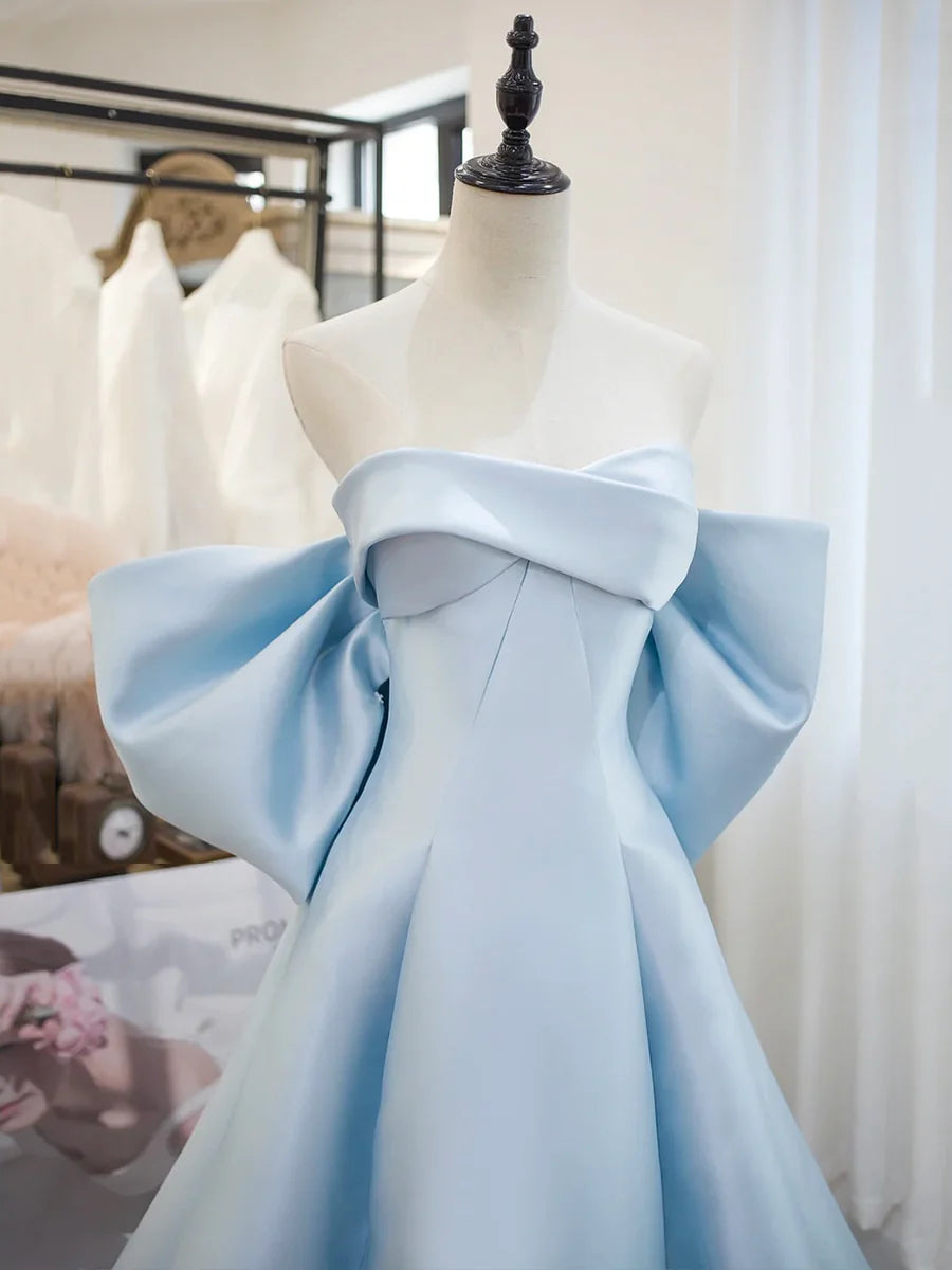 A-Line Blue Satin Long Prom Dress Inexpensive Off the Shoulder Floor Length Evening Party Dress Dresses