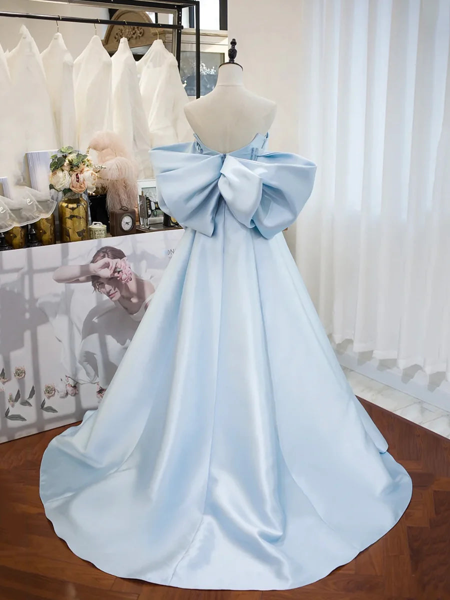A-Line Blue Satin Long Prom Dress Inexpensive Off the Shoulder Floor Length Evening Party Dress Dresses