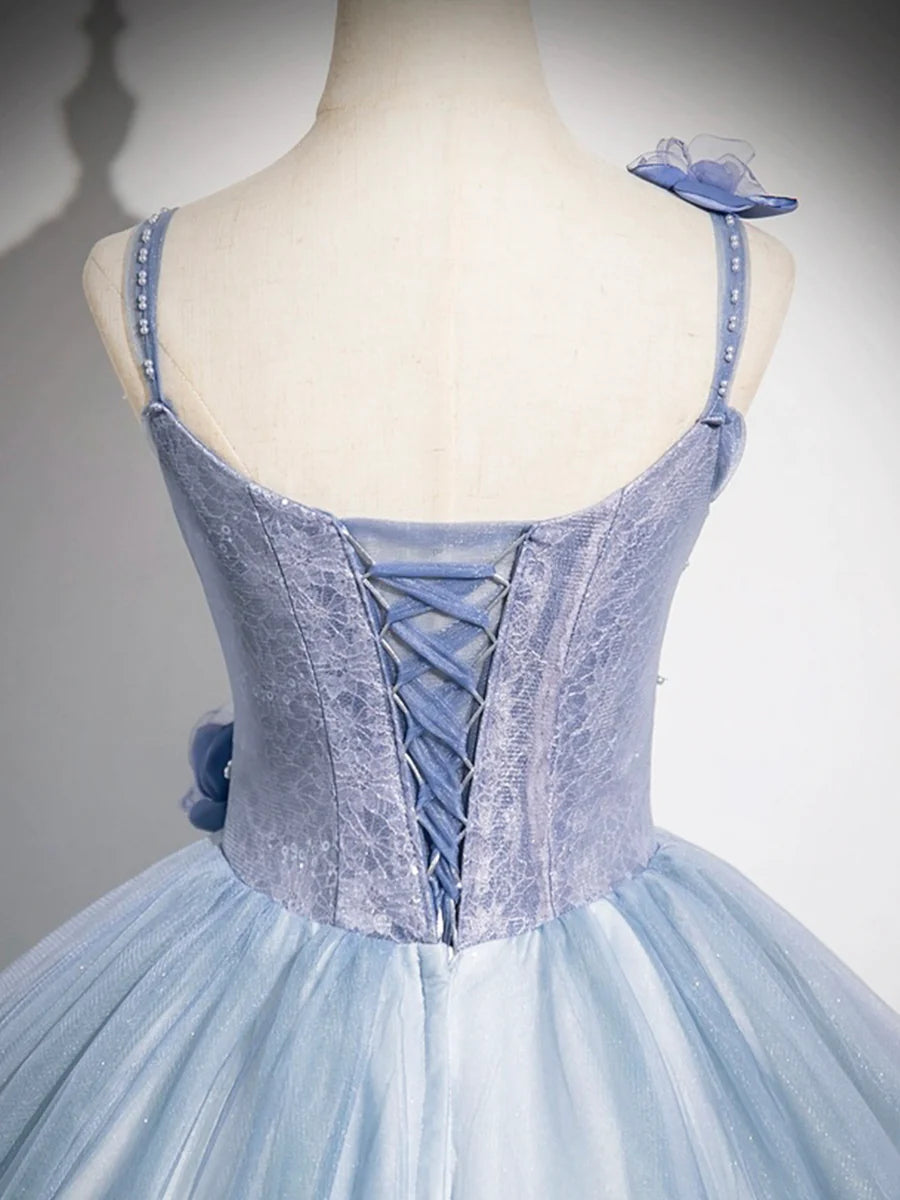 A-Line Blue Tulle Lace With Beaded 3D Flowers Floor Length Prom Dress Spaghetti Strap Evening Party Dress
