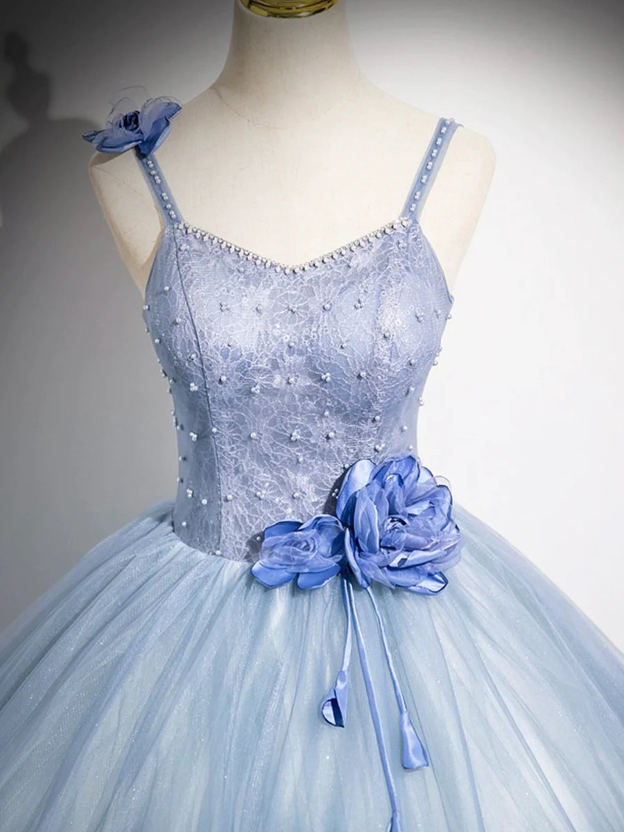 A-Line Blue Tulle Lace With Beaded 3D Flowers Floor Length Prom Dress Spaghetti Strap Evening Party Dress