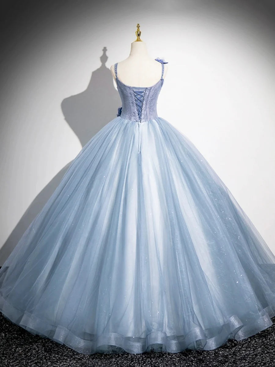 A-Line Blue Tulle Lace With Beaded 3D Flowers Floor Length Prom Dress Spaghetti Strap Evening Party Dress